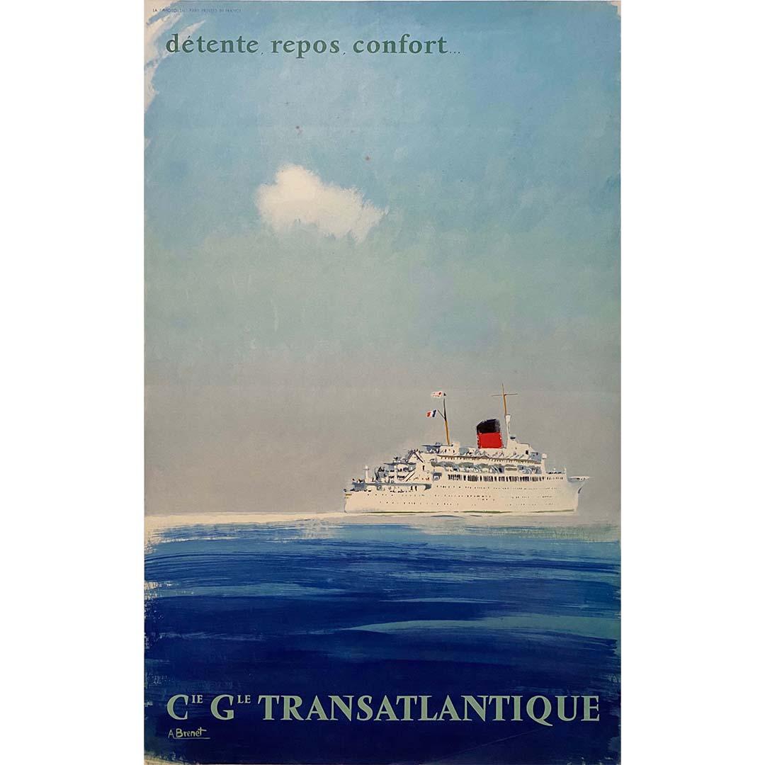 Albert Brenets Originalplakat für die Compagnie Générale Transatlantique mit dem Titel "Détente, Repos et Confort" (Entspannung, Ruhe und Komfort) ist ein zeitloses Zeugnis für die Faszination und den Luxus von Seereisen. Dieses Plakat, das zur