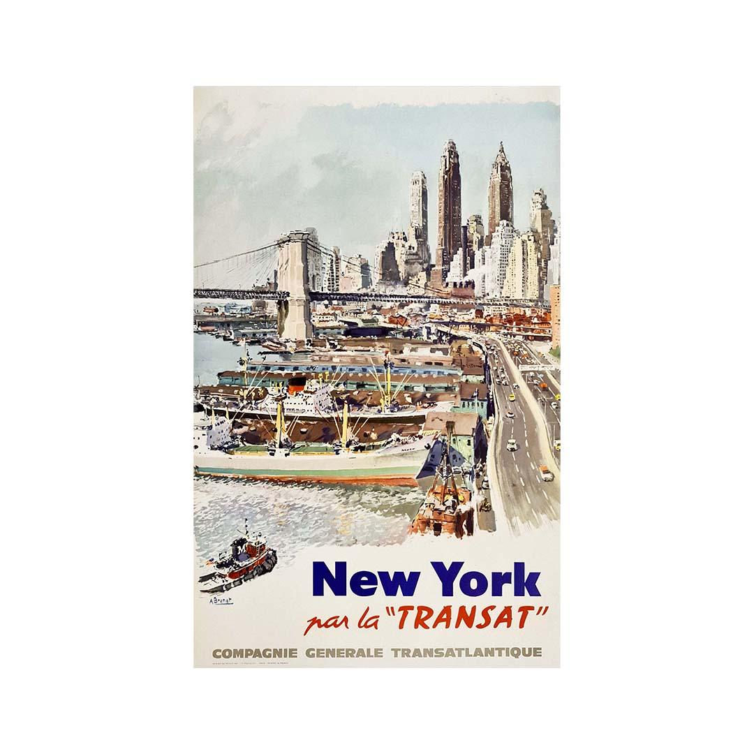 Circa 1950 Original poster for New York City Compagnie Générale Transatlantique - Print by Albert Brenet