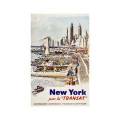 Retro Circa 1950 Original poster for New York City Compagnie Générale Transatlantique