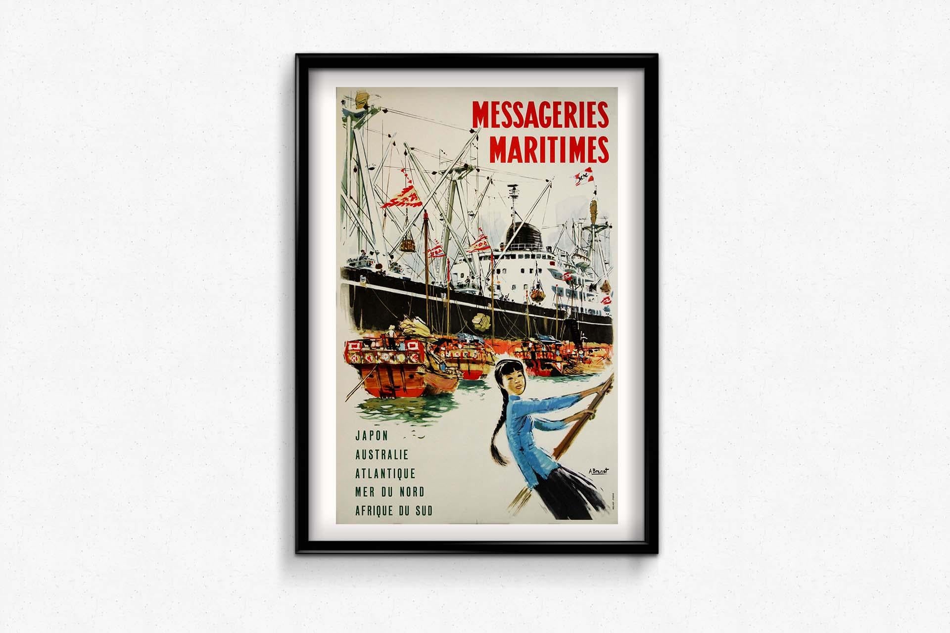 Circa 1950 original travel poster by Albert Brenet for Messageries Maritimes For Sale 1