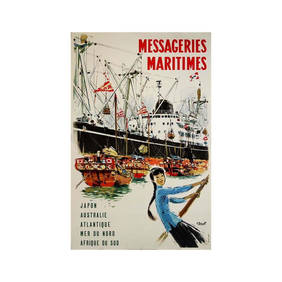 Circa 1950 original travel poster by Albert Brenet for Messageries Maritimes For Sale 3