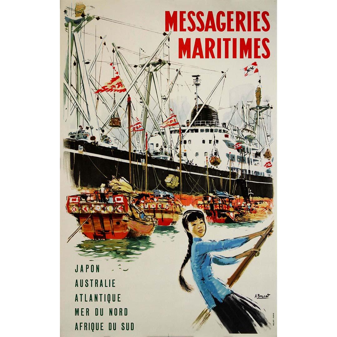 Das Original-Reiseplakat von Albert Brenet für Messageries Maritimes aus dem Jahr 1950 beschwört den Geist des Abenteuers und der Entdeckung herauf und lädt die Reisenden zu einer Reise über die Meere zu exotischen Zielen ein. Als eine der führenden
