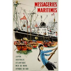 Retro Circa 1950 original travel poster by Albert Brenet for Messageries Maritimes