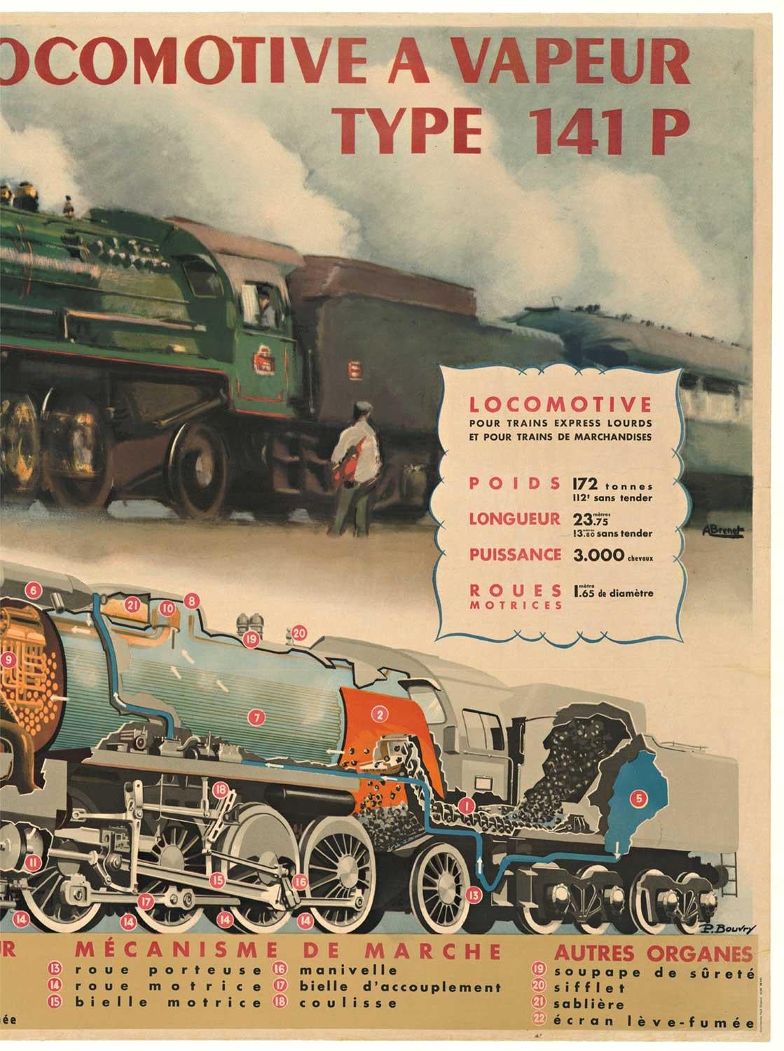 Original-Poster:  LOKOMOTIVE A VAPEUR.   Typ 141 P. 
Künstler:  A. Bouvry und Albert Brenert   Horizontales Eisenbahnplakat mit Leineneinband für die Archivierung, bereit zum Einrahmen.   Sehr guter Zustand.

Albert Brenet war bekannt für seine