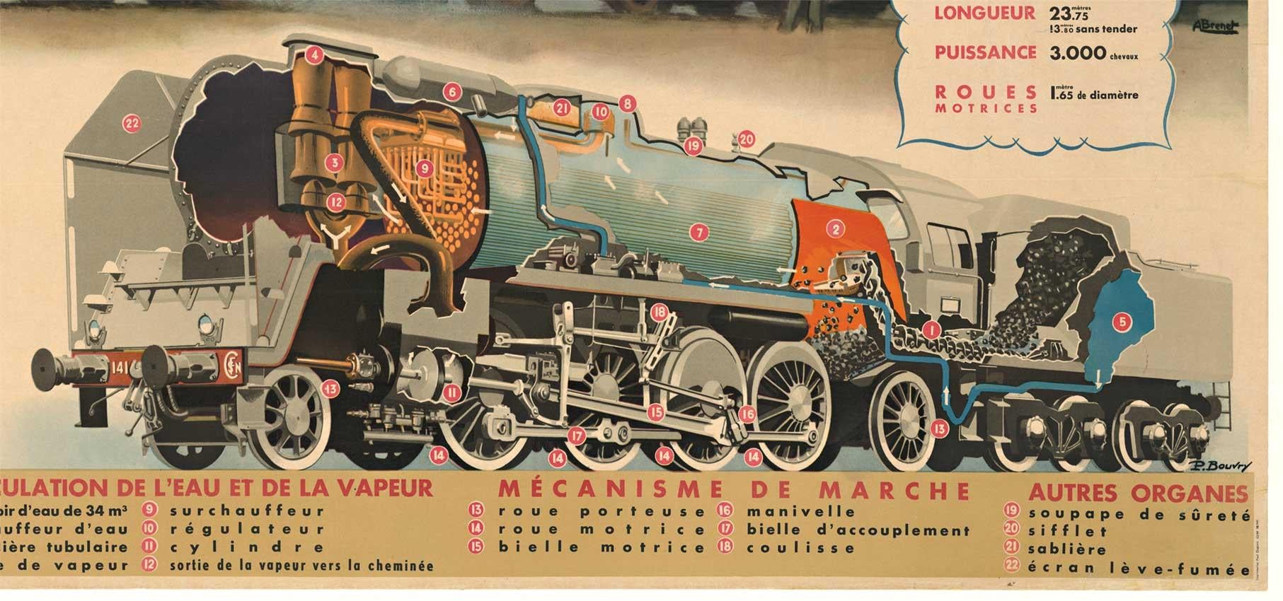 Original poster:  LOCOMOTIVE A VAPEUR.   Type 141 P. 
Artist:  A. Bouvry and Albert Brenert   Horizontal railway poster that has been archival linen backed, ready to frame.   Very good condition.

Albert Brenet was known for his railway and railroad