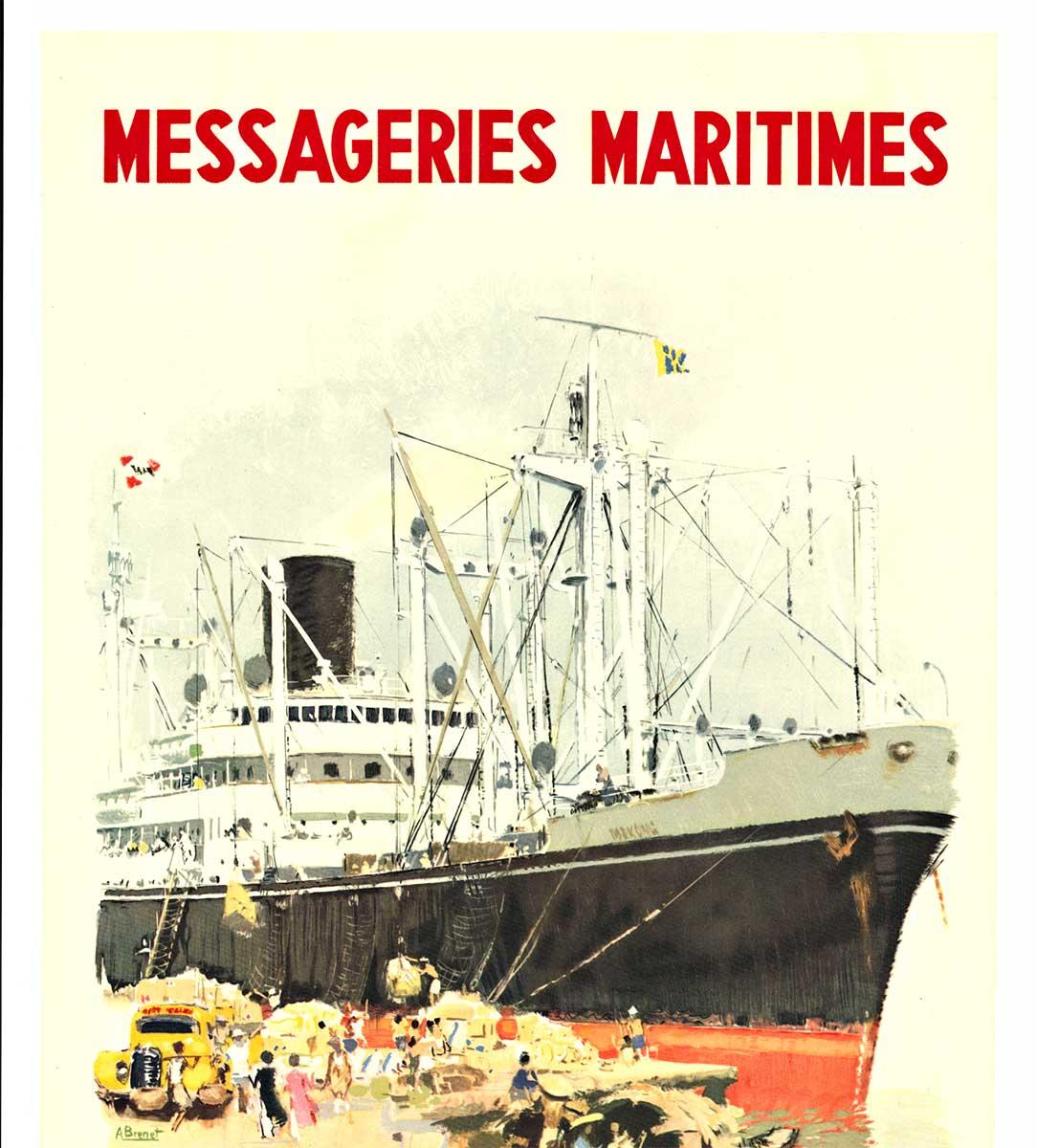 Cartel original de época francés de transporte marítimo Messageries Maritimes - Print de Albert Brenet