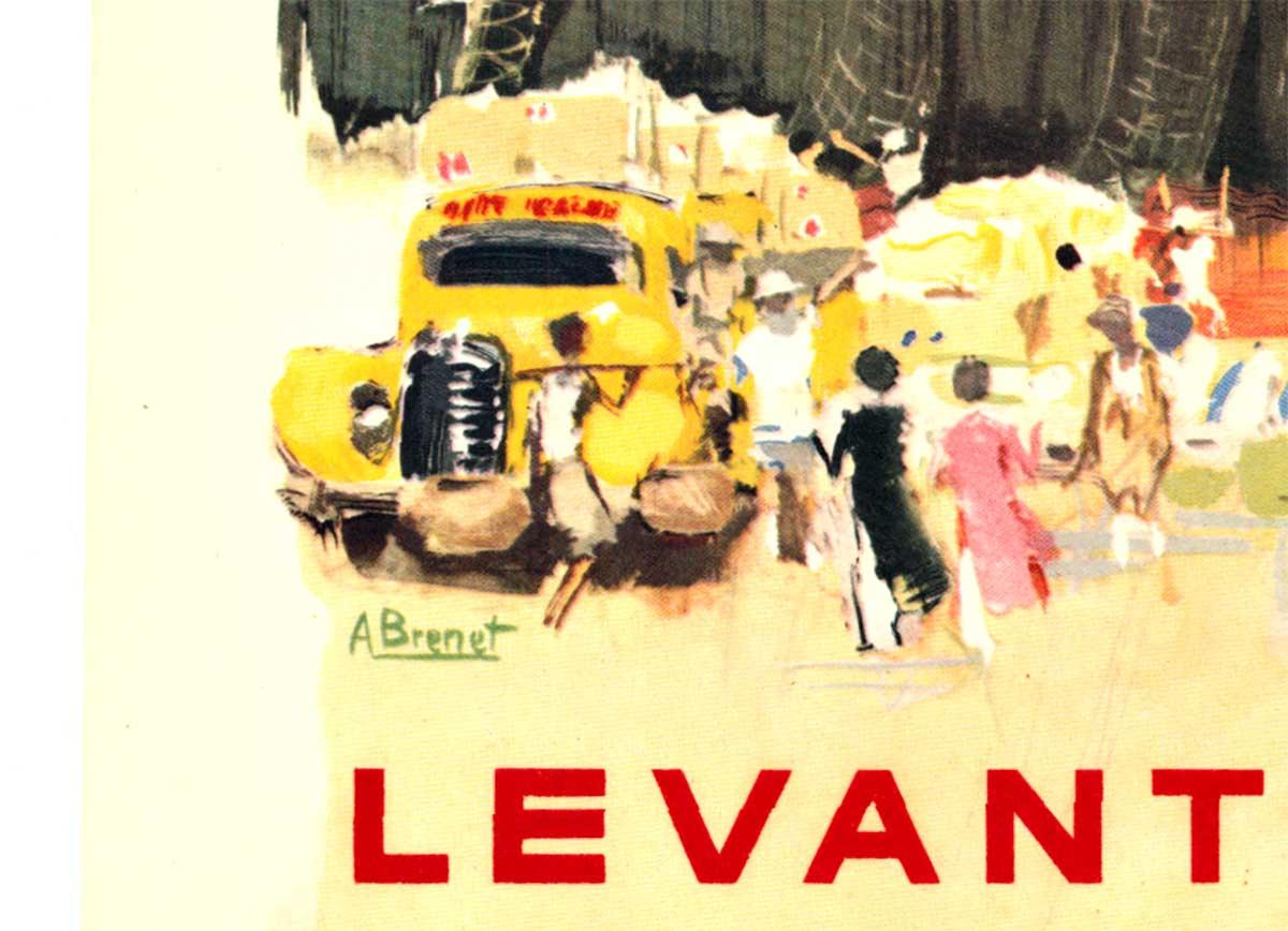 Cartel original de época francés de transporte marítimo Messageries Maritimes - Figurative Print Amarillo de Albert Brenet