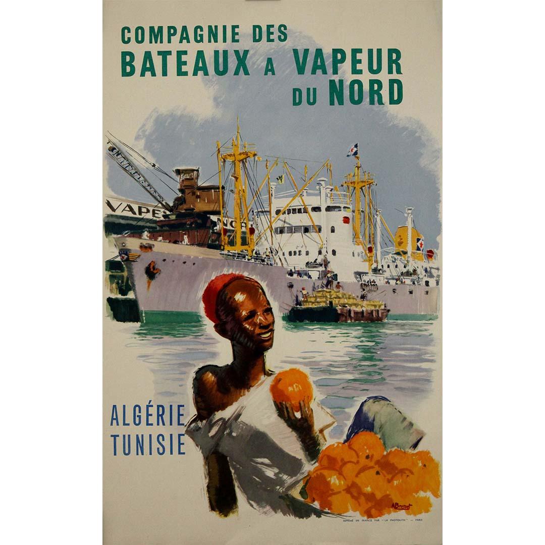 This circa 1950 original poster by Albert Brénet was designed for the Compagnie des Bateaux à Vapeur du Nord, highlighting maritime trade and passenger travel between Algeria and Tunisia. Brénet, a celebrated maritime artist, captures the essence of