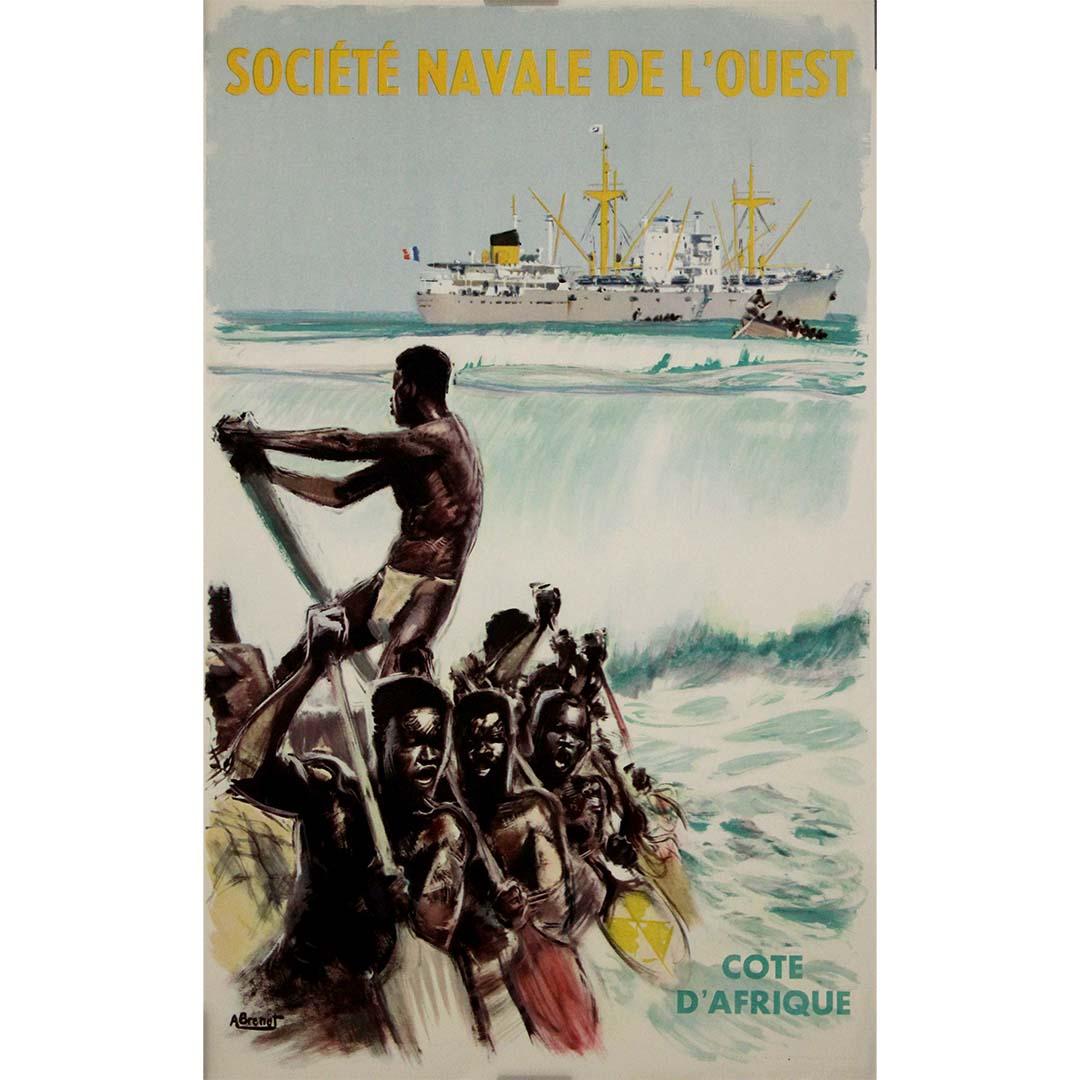 This circa 1950 original poster by Albert Brénet was created for the Société Navale de l'Ouest, promoting maritime travel and trade along the West African coast. Known for his masterful depictions of ships and maritime scenes, Brénet captures the
