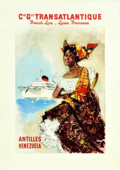 Original Vintage Cruise Travel Poster Antilles Venezuela French Line Brenet Art