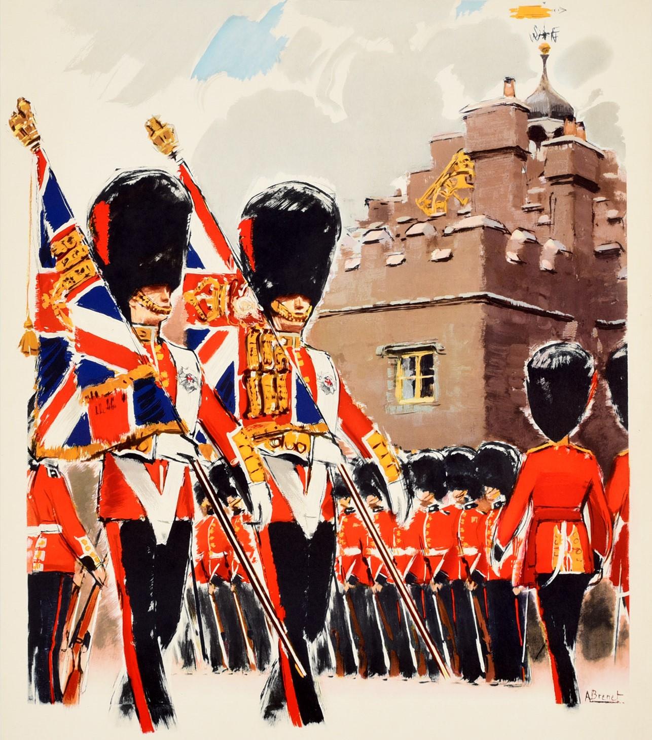 Poster di viaggio originale d'epoca che promuove la Gran Bretagna come destinazione turistica - Ceremonial in Britain - pubblicato dalla British Travel And Holidays Association con un'illustrazione colorata delle Royal Coldstream Guards in abito da