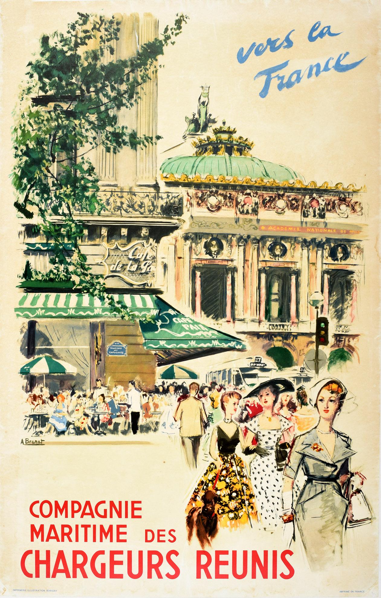 Albert Brenet Print - Original Vintage Poster Chargeurs Reunis Cruise Travel Paris Opera Cafe Fashion