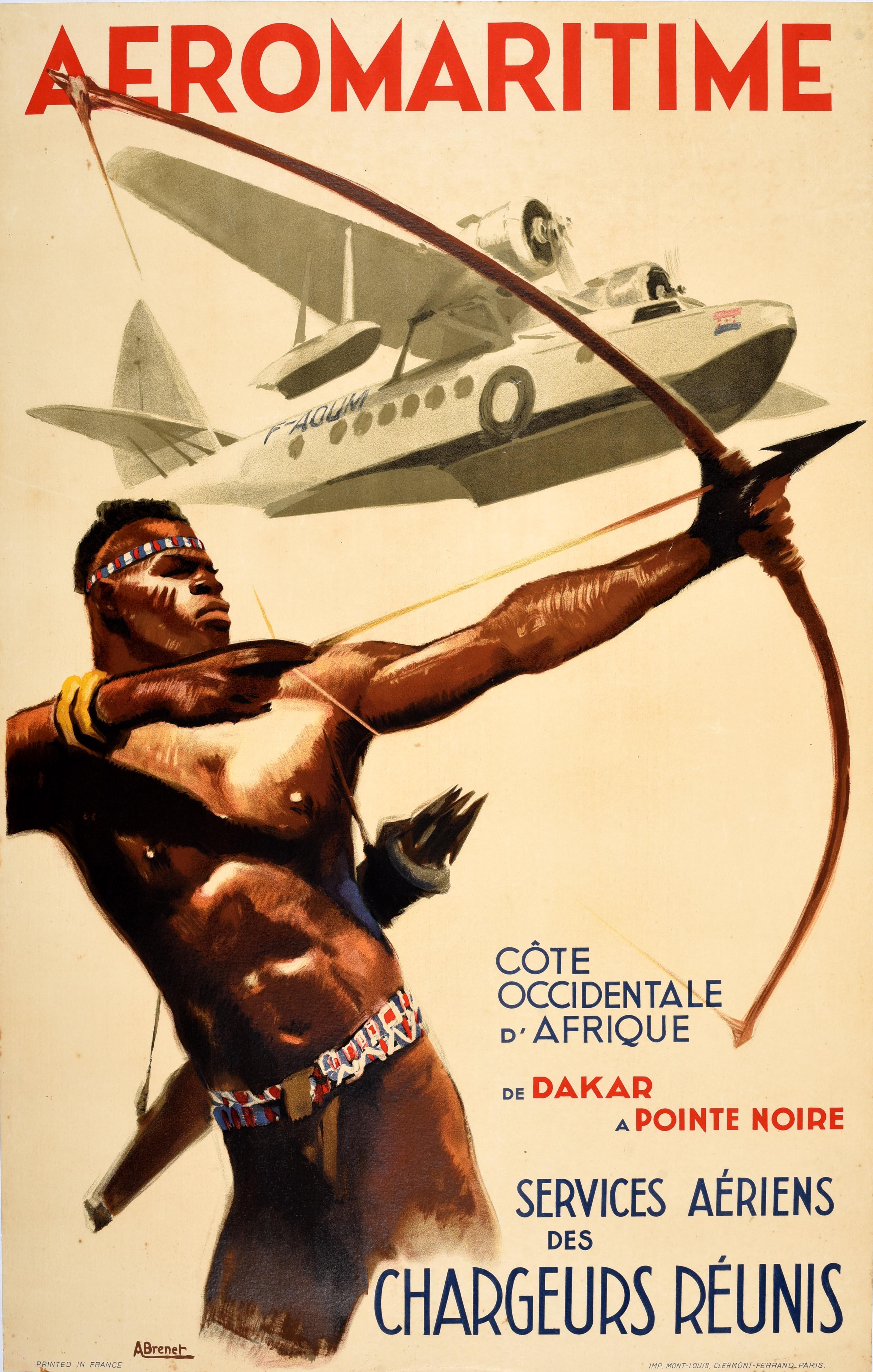 Original vintage travel poster for Aeromaritime - to the West coast of Africa, from Dakar in Senegal to Pointe Noire - Design by Albert Brenet (1903-2005) features an African Tribesman shooting a bow and arrow with a propellor plane flying in the