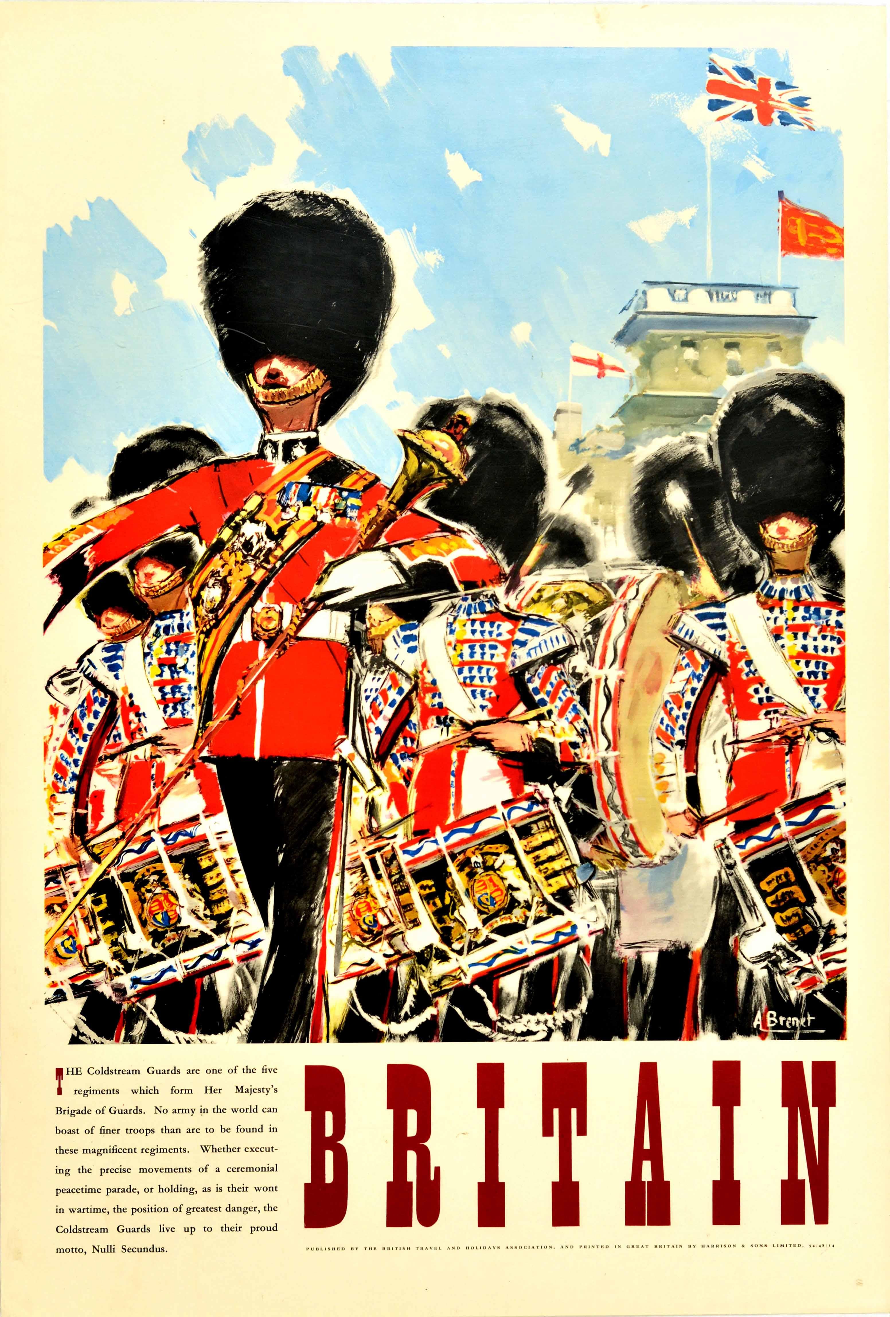 Albert Brenet - Affiche rétro originale de voyage, Grande-Bretagne, « The  Coldstream Guards », parade cérémoniale En vente sur 1stDibs