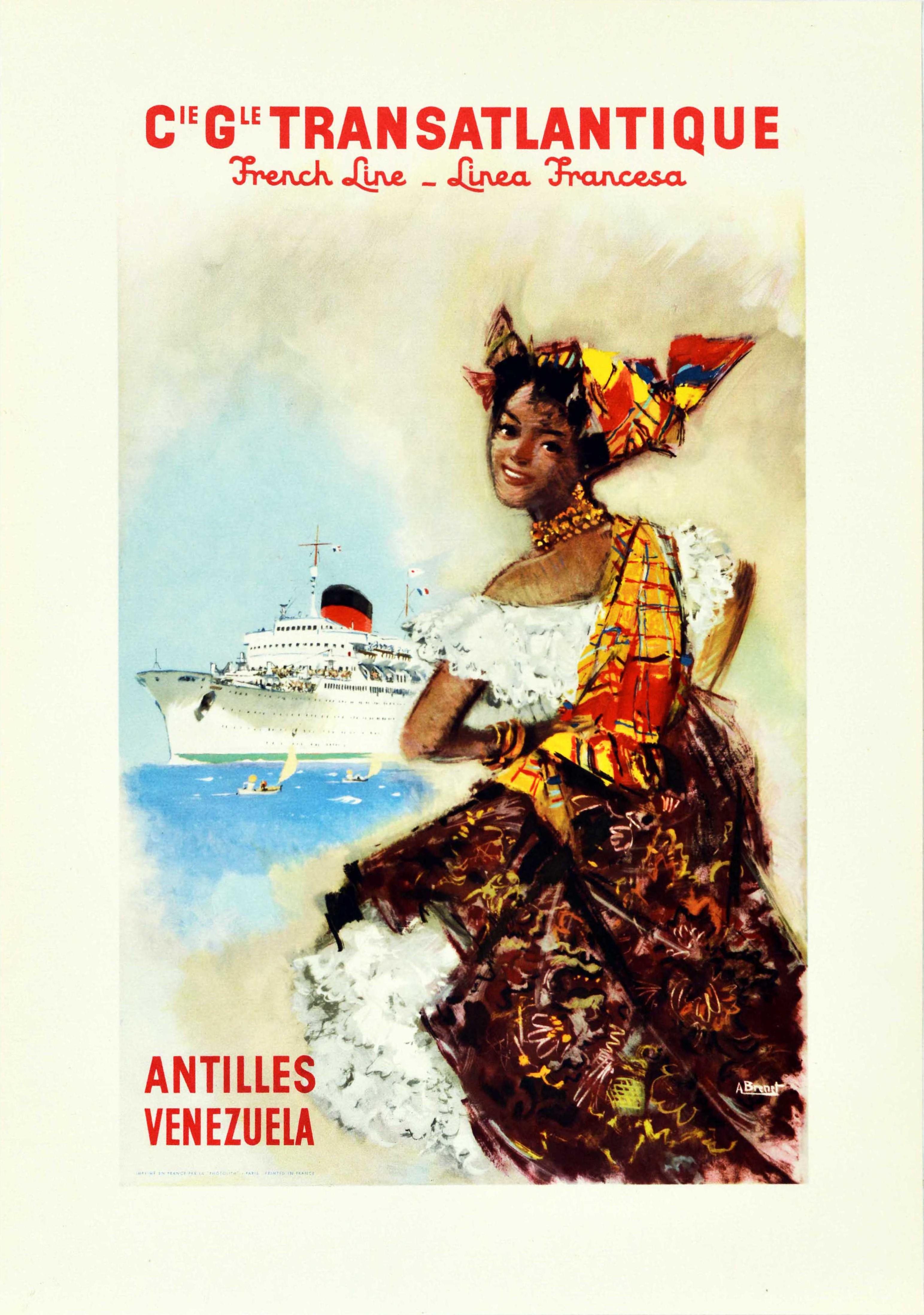 Albert Brenet Print - Original Vintage Travel Poster Transatlantique French Line Antilles Venezuela