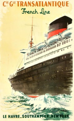 Original Vintage Travel Poster Transatlantique French Line Le Havre Southampton