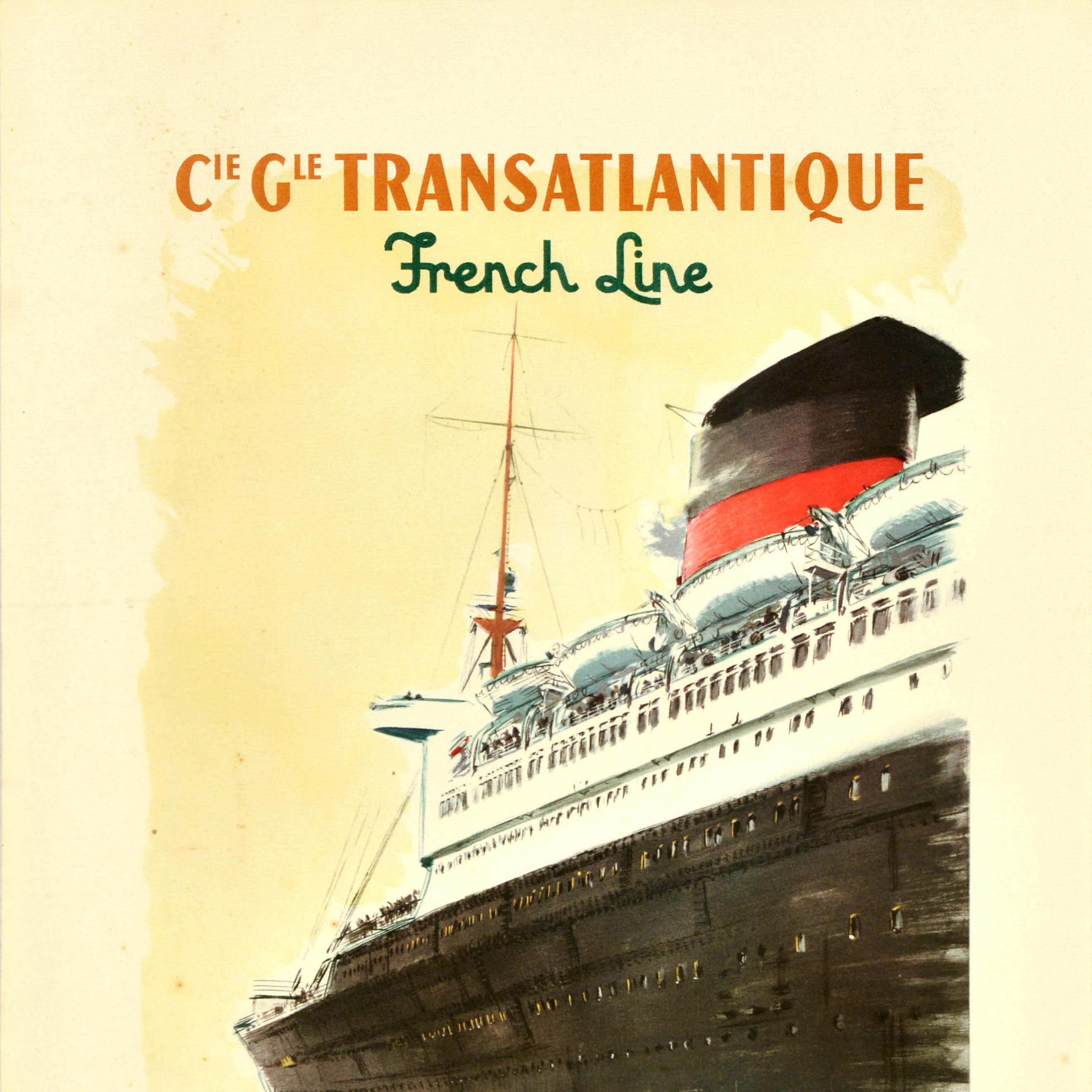 Original Vintage Travel Poster Transatlantique French Line Le Havre Southampton - Yellow Print by Albert Brenet