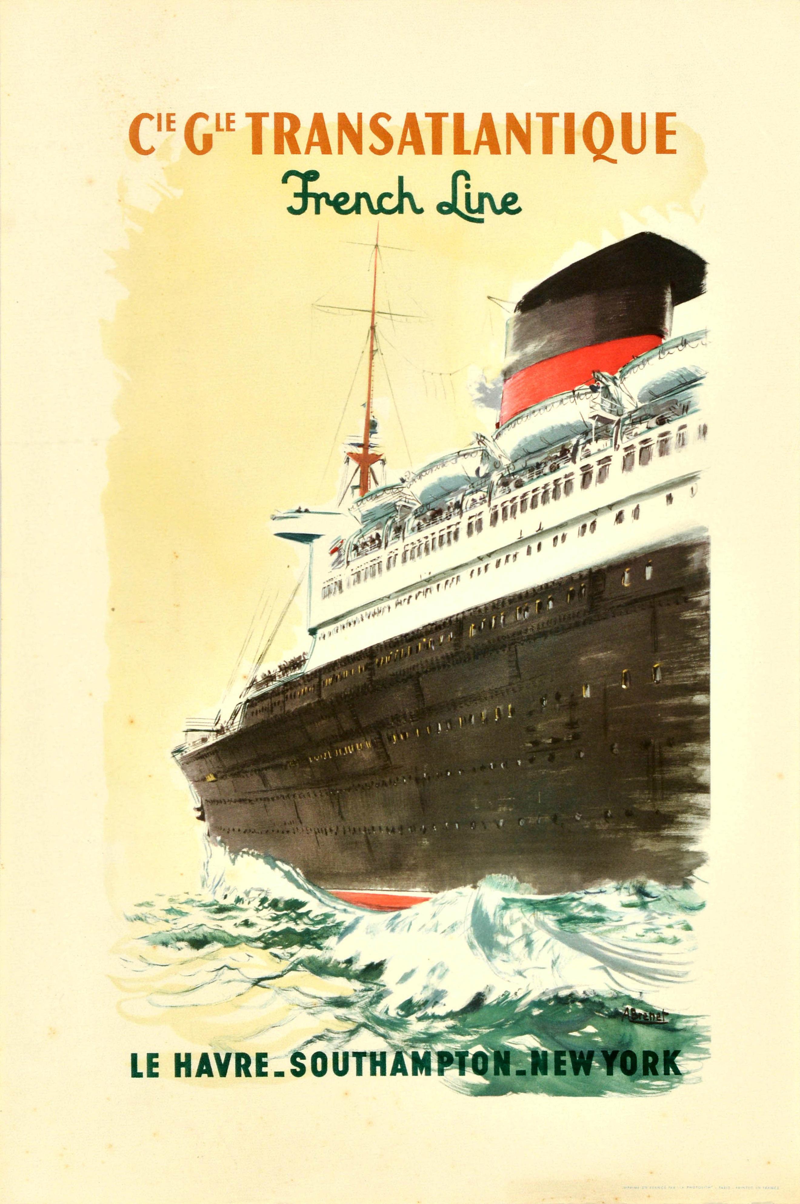 Albert Brenet Print - Original Vintage Travel Poster Transatlantique French Line Le Havre Southampton
