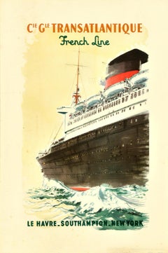Original-Vintage-Reiseplakat „Transatlantique French Line Le Havre Southampton“ 