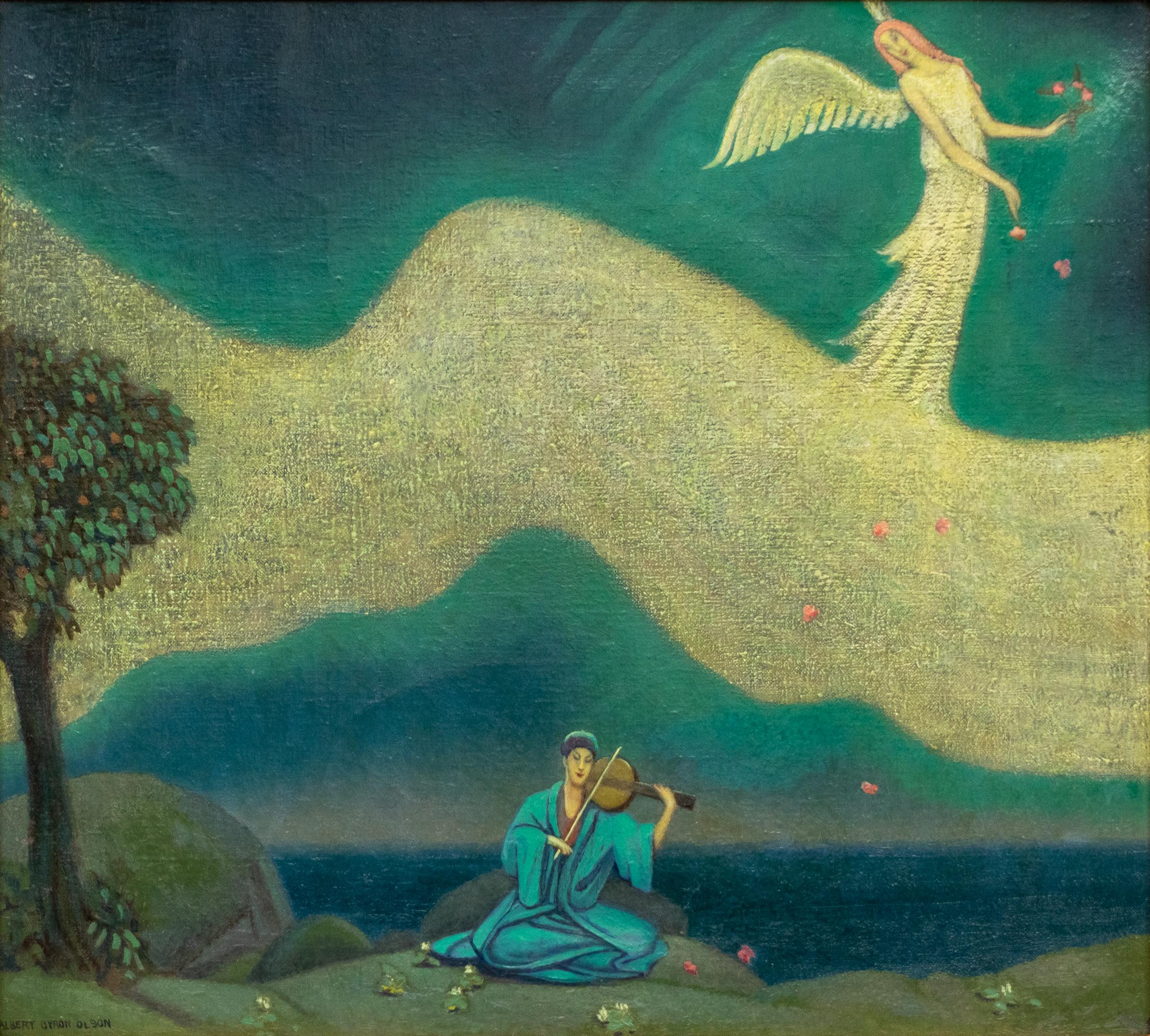Ein außergewöhnliches Original-Ölgemälde auf Leinwand des amerikanischen Künstlers Albert Byron Olson (1885–1940), entstanden um 1920 und betitelt mit „The Shining Angel of Remembrance“. Diese stimmungsvolle und äußerst fantasievolle Komposition