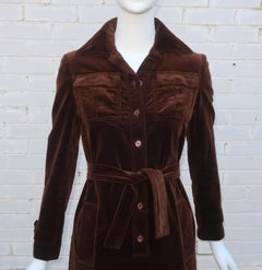 ALBERT CAPRARO Brown Velvet Velveteen Shirt Dress, 1970's