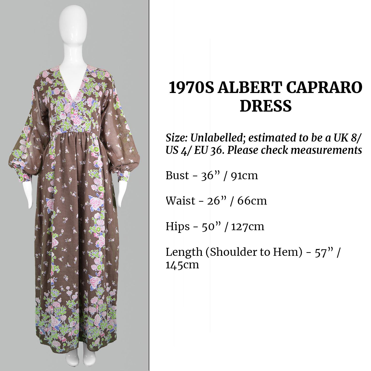 Albert Capraro Vintage Bohemian Brown Floral Print Voile Maxi Dress, 1970s For Sale 5