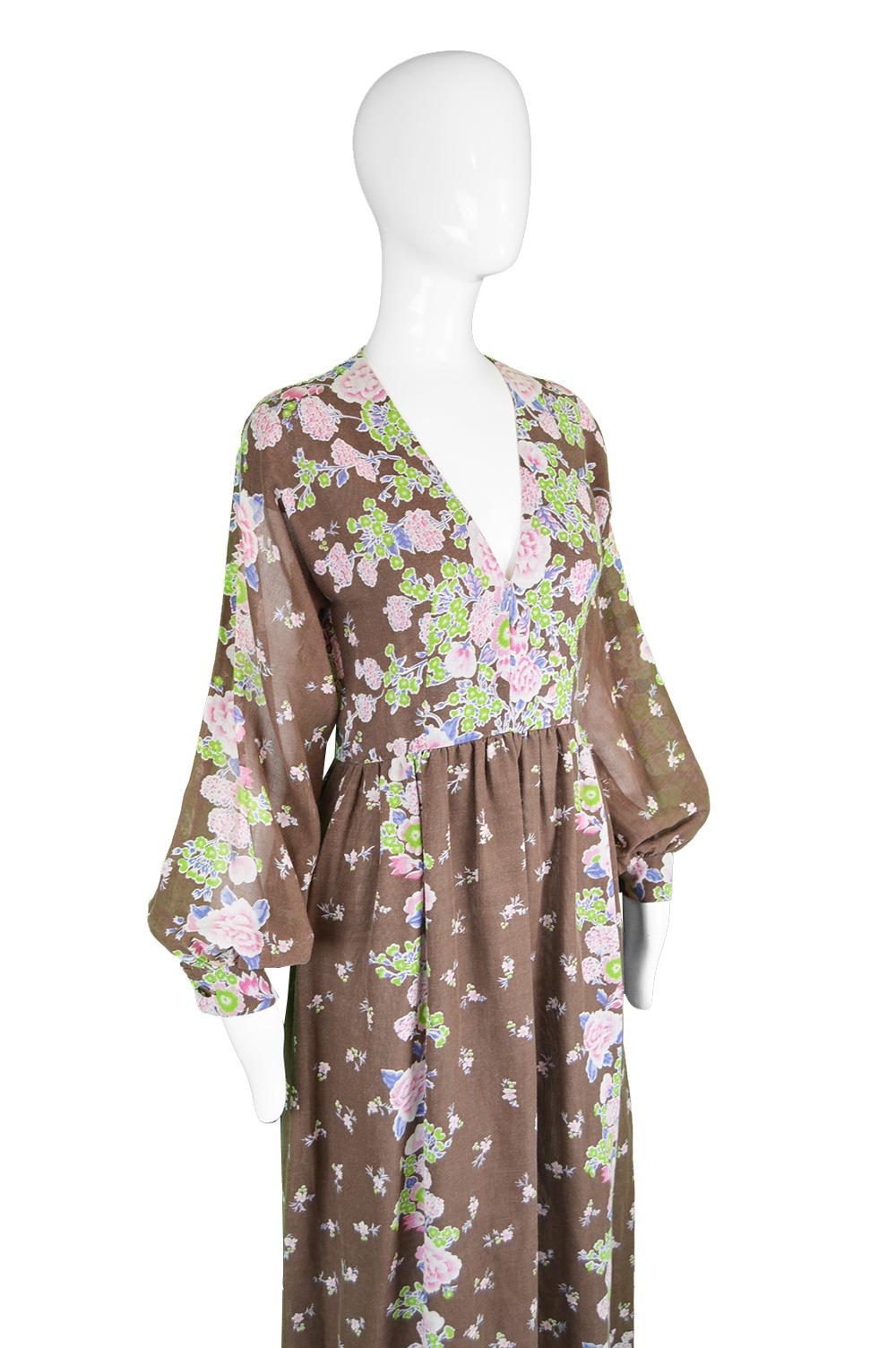 Albert Capraro Vintage Bohemian Brown Floral Print Voile Maxi Dress, 1970s In Good Condition For Sale In Doncaster, South Yorkshire