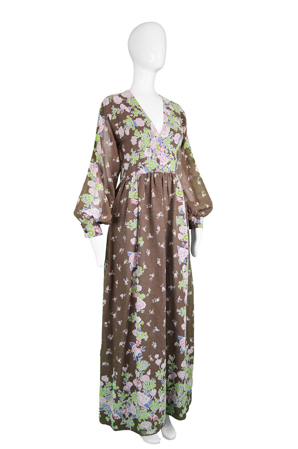Women's Albert Capraro Vintage Bohemian Brown Floral Print Voile Maxi Dress, 1970s For Sale