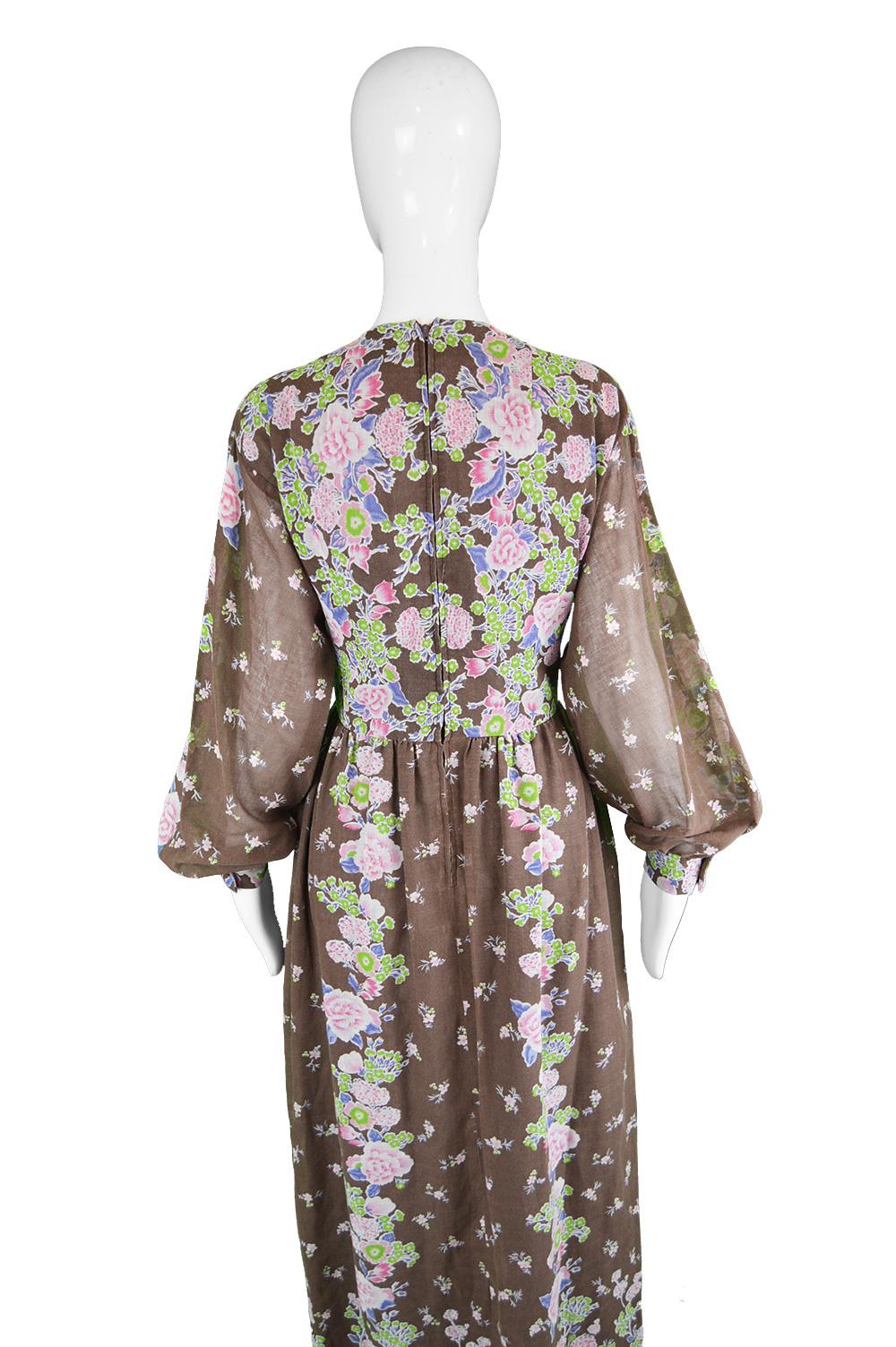Albert Capraro Vintage Bohemian Brown Floral Print Voile Maxi Dress, 1970s For Sale 2