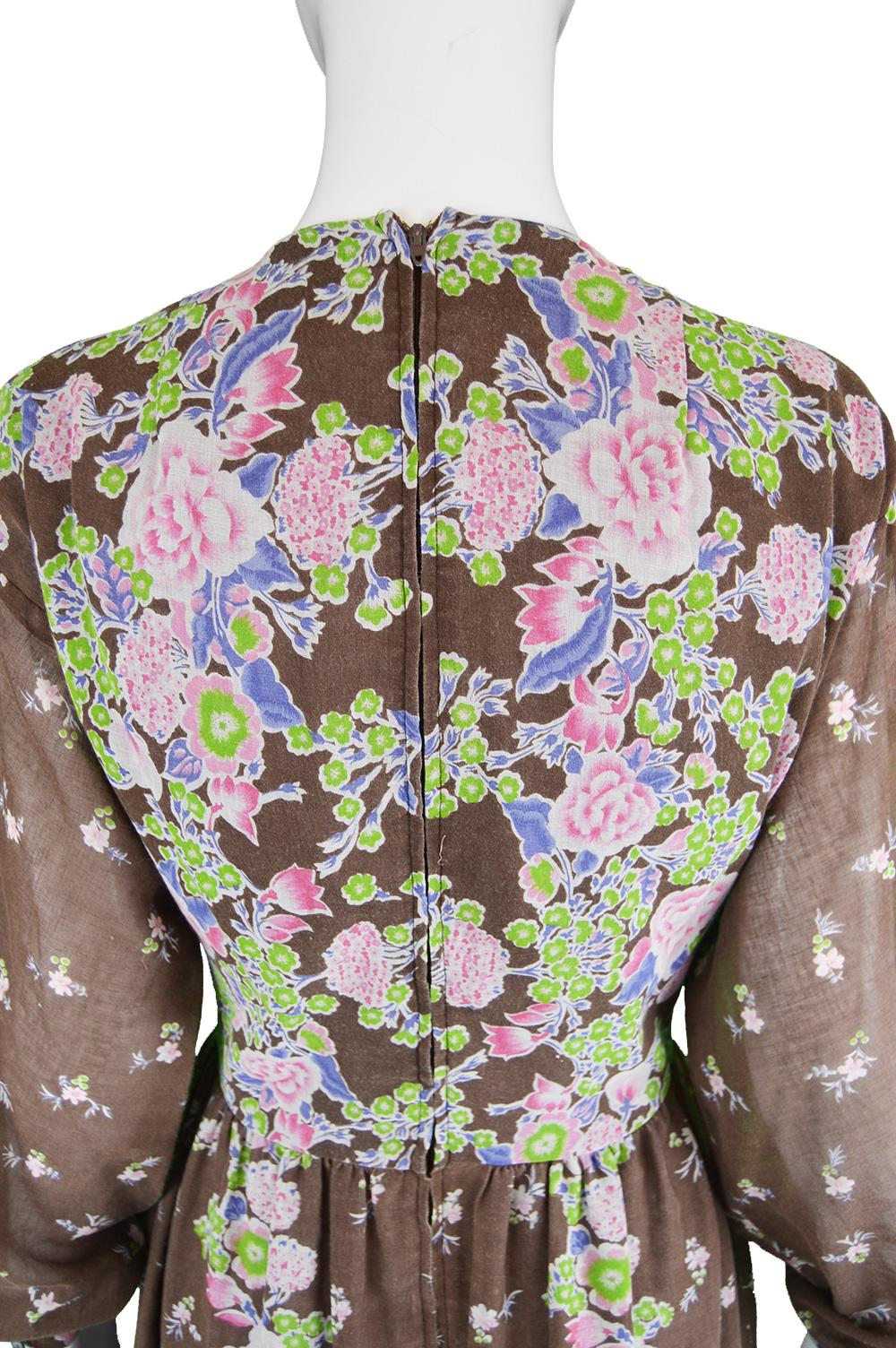 Albert Capraro Vintage Bohemian Brown Floral Print Voile Maxi Dress, 1970s For Sale 3