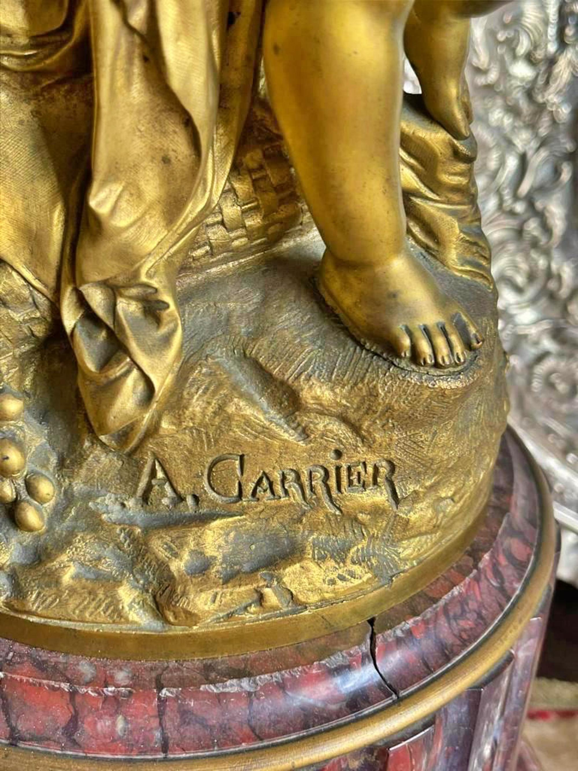 Albert Carrier-Belleuse (1824-1887)

Paar französischer fünfflammiger Kandelaber aus dem 19. Jahrhundert.
aus vergoldeter Bronze. 
Dekoriert mit weiblichen Figuren, auf einem Marmorsockel. 
Unterschrieben. 
Maße: Höhe: (insgesamt) 98 cm.
perfekter