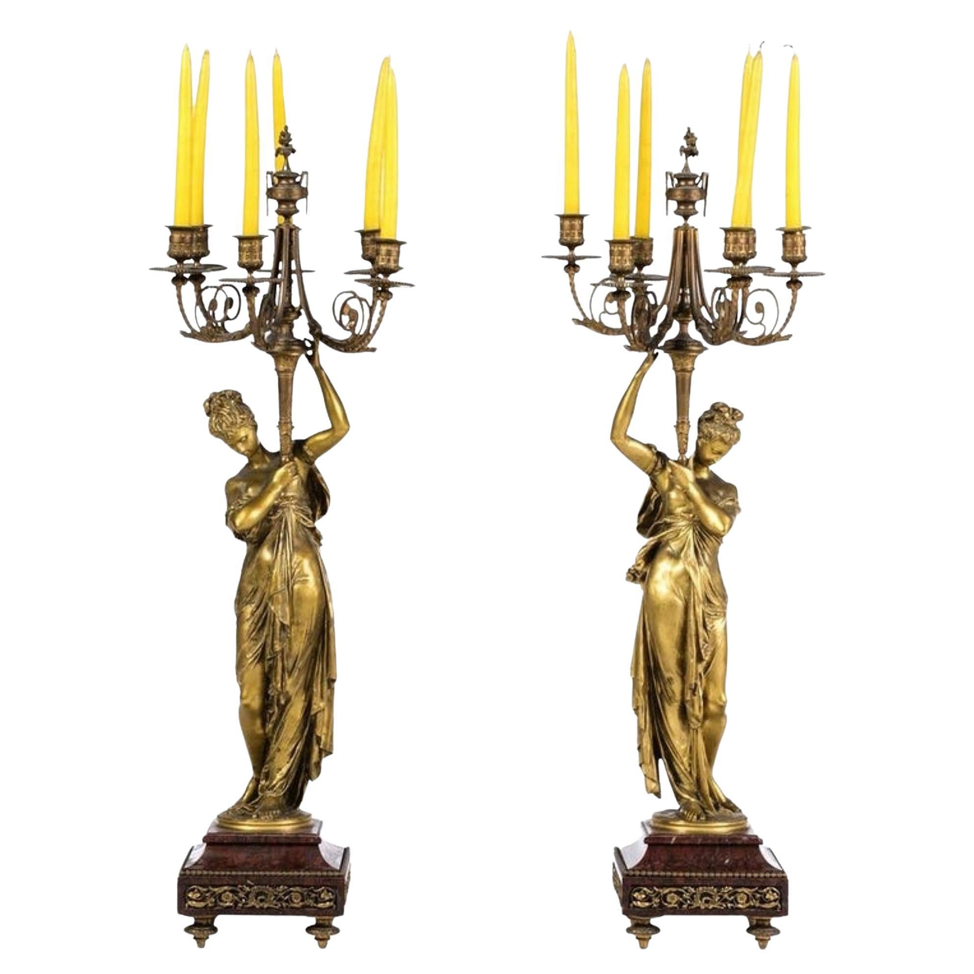 Albert Carrier-Belleuse Pair of French Five-Fire Candelabra, 19th Century For Sale