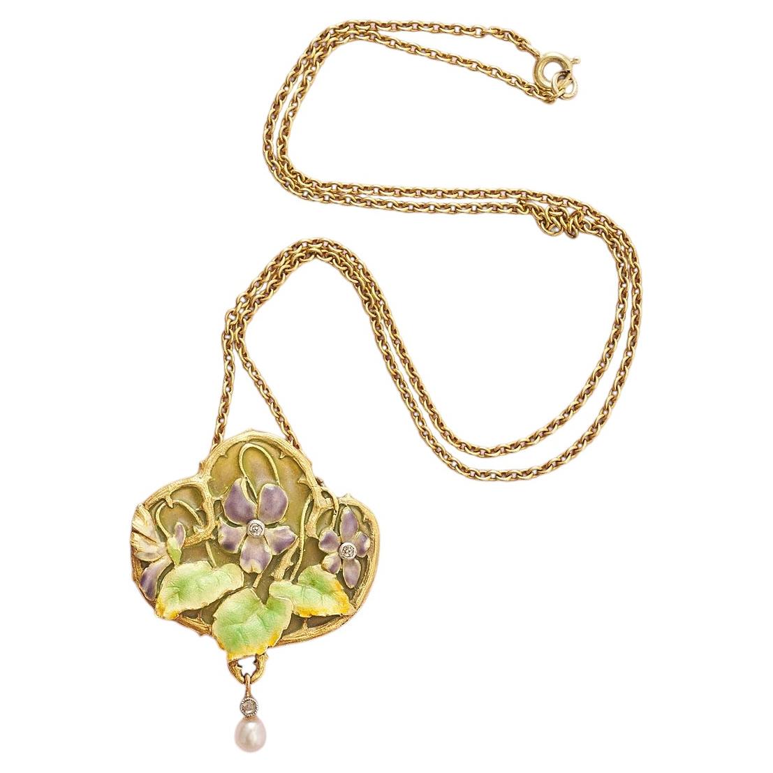 Pendentif Art nouveau en or et émail d'Albert Chambin, orné de pensées