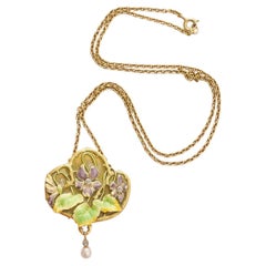 Albert Chambin Art Nouveau Gold and Enamel Pendant with Pansies
