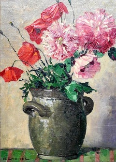 Pavots et Coquelicots, Poppies, French Realist Oil on Canvas