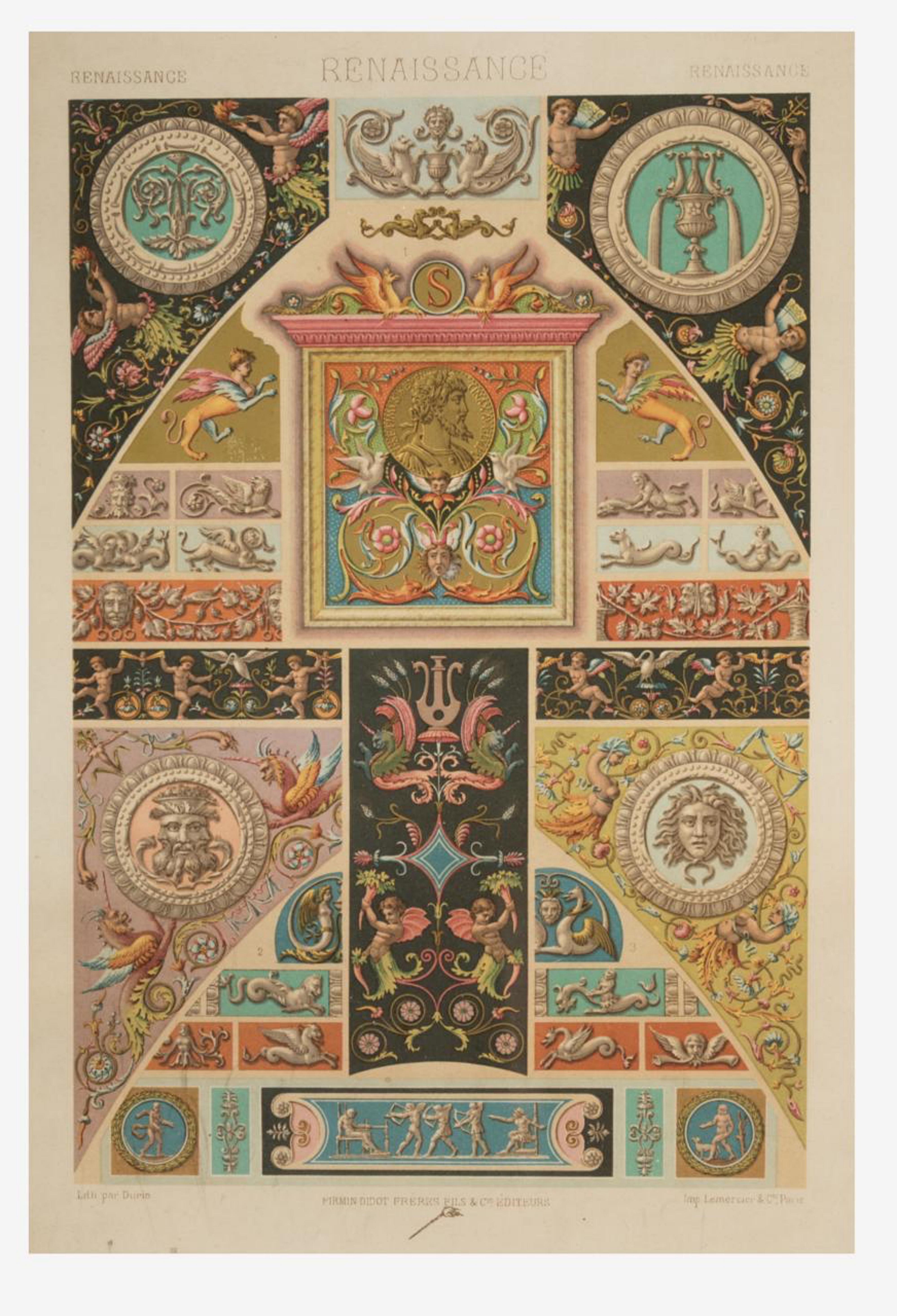 ALBERT-CHARLES-AUGUSTE RACINET (1825) / (1893) „Deko-Motive mit dekorativen Motiven. Renaissance (Handgefertigt) im Angebot