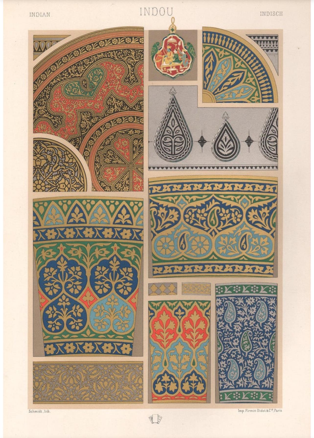 4 französische antike Racinet-Kunstdesign-Lithographiedrucke aus dem 19. Jahrhundert – Print von Albert-Charles-Auguste Racinet