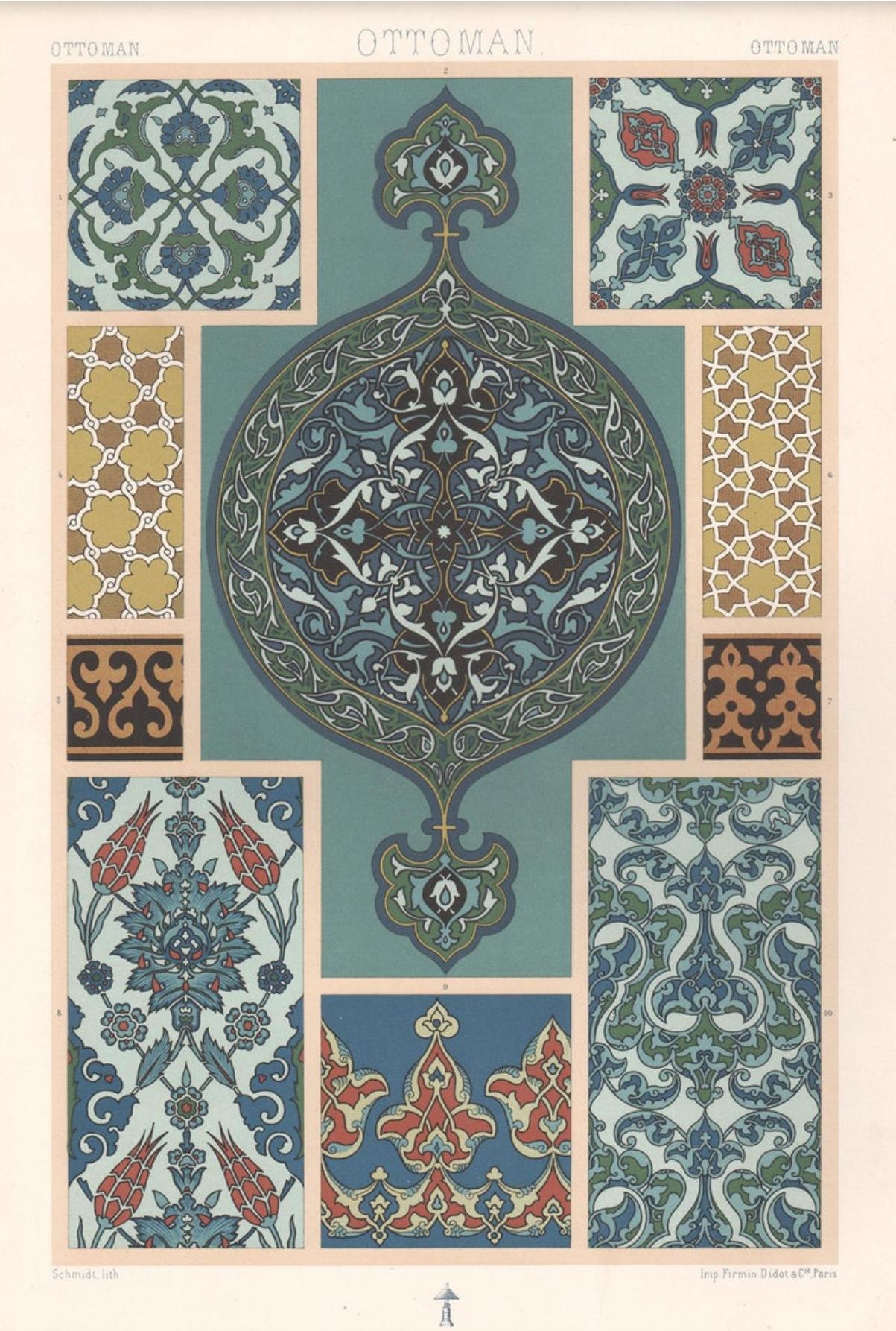 4 französische antike Racinet-Kunstdesign-Lithographiedrucke aus dem 19. Jahrhundert (Beige), Abstract Print, von Albert-Charles-Auguste Racinet