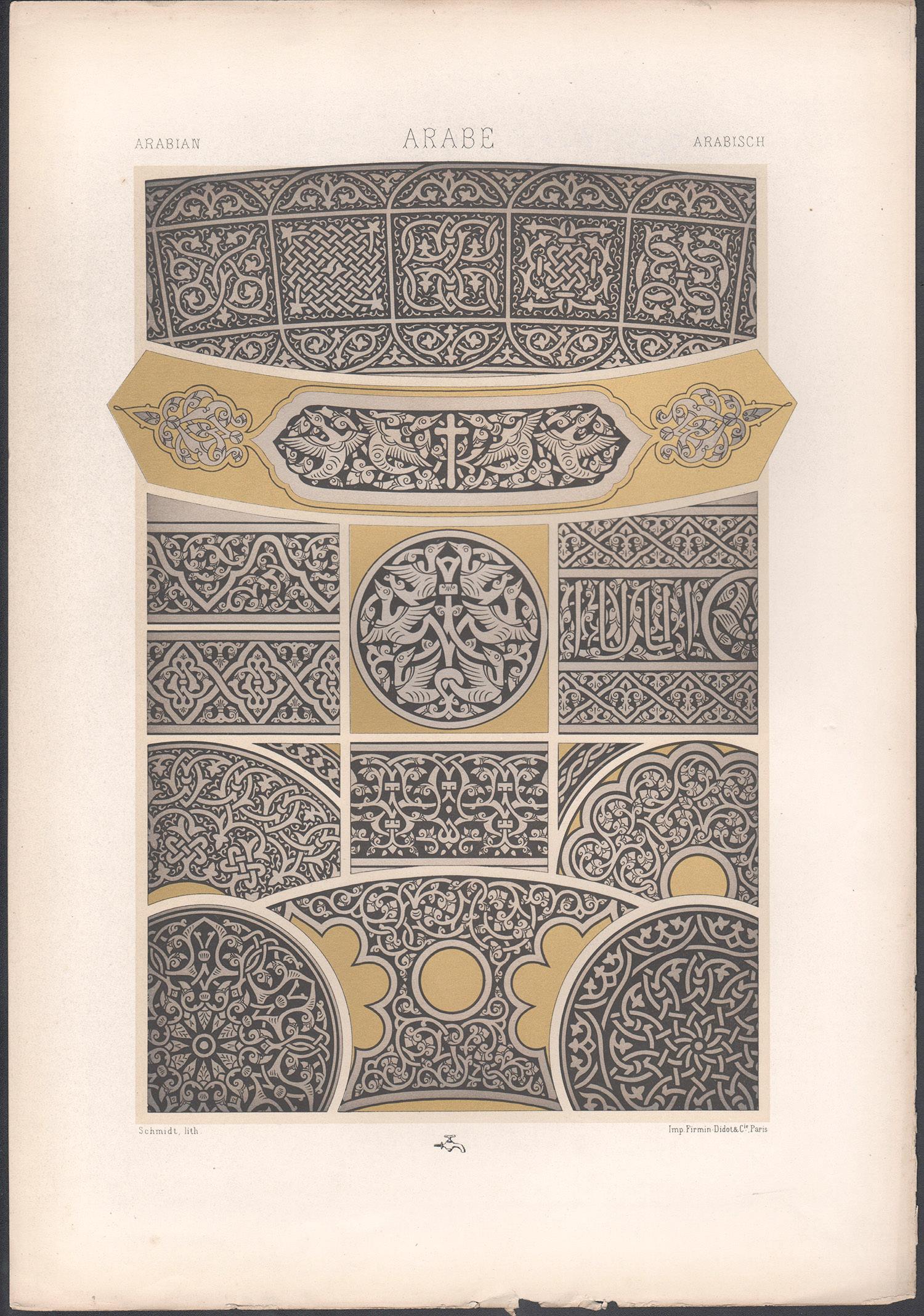 Arabianischer, französischer antiker Racinet-Kunstdesign-Lithographiendruck aus dem 19. Jahrhundert – Print von Albert-Charles-Auguste Racinet