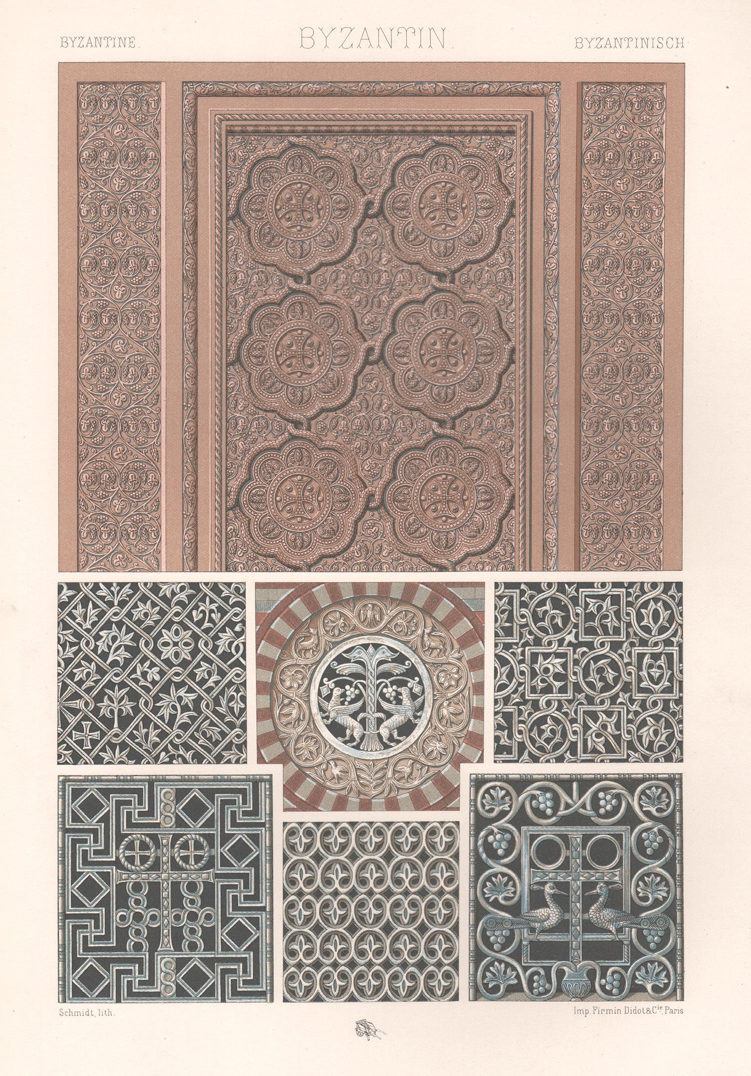 Byzantinischer, französischer antiker Lithographiendruck des 19. Jahrhunderts im Racinet-Kunstdesign