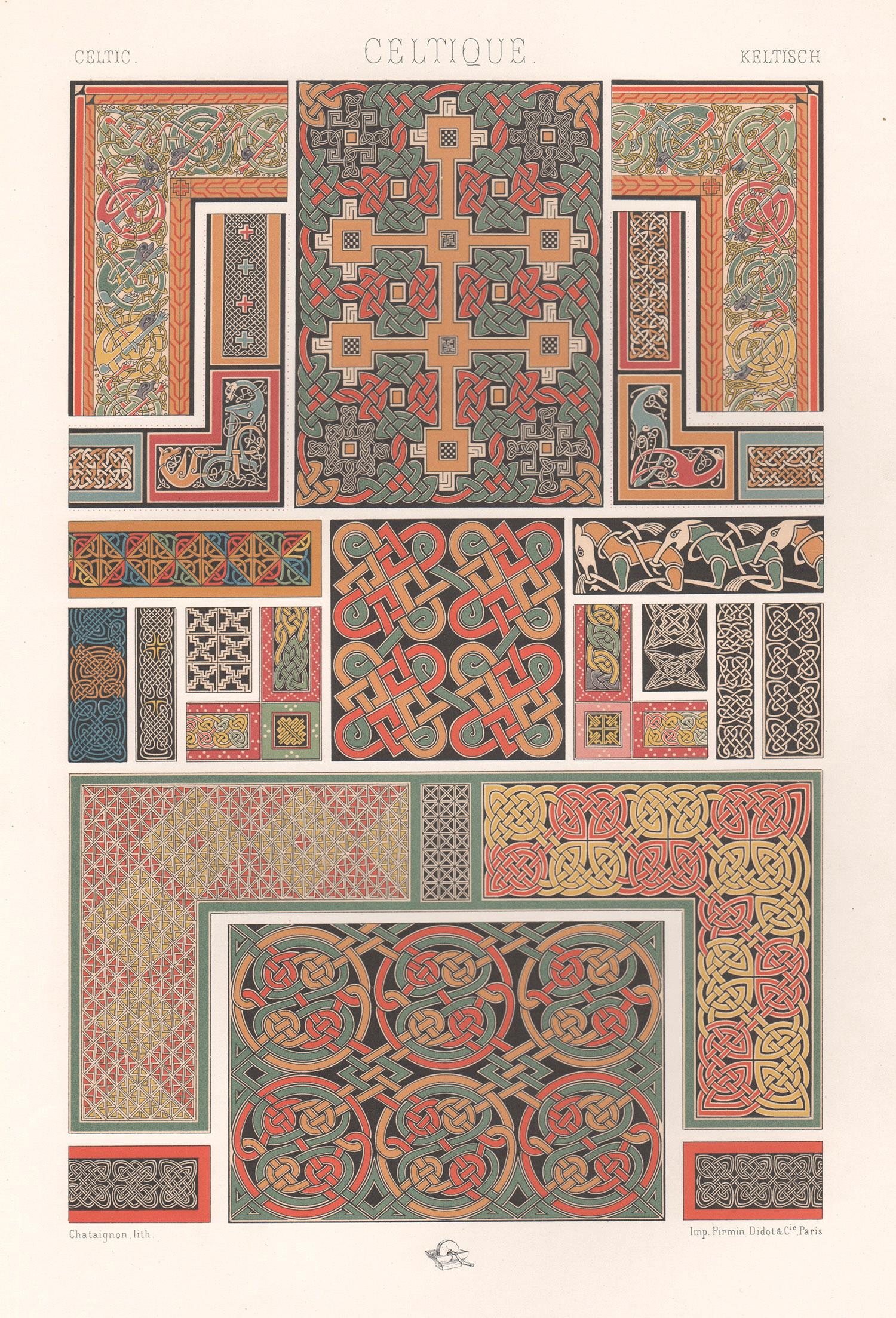 Celtic, französische antike Racinet-Kunst-Design-Lithographie aus dem 19. Jahrhundert