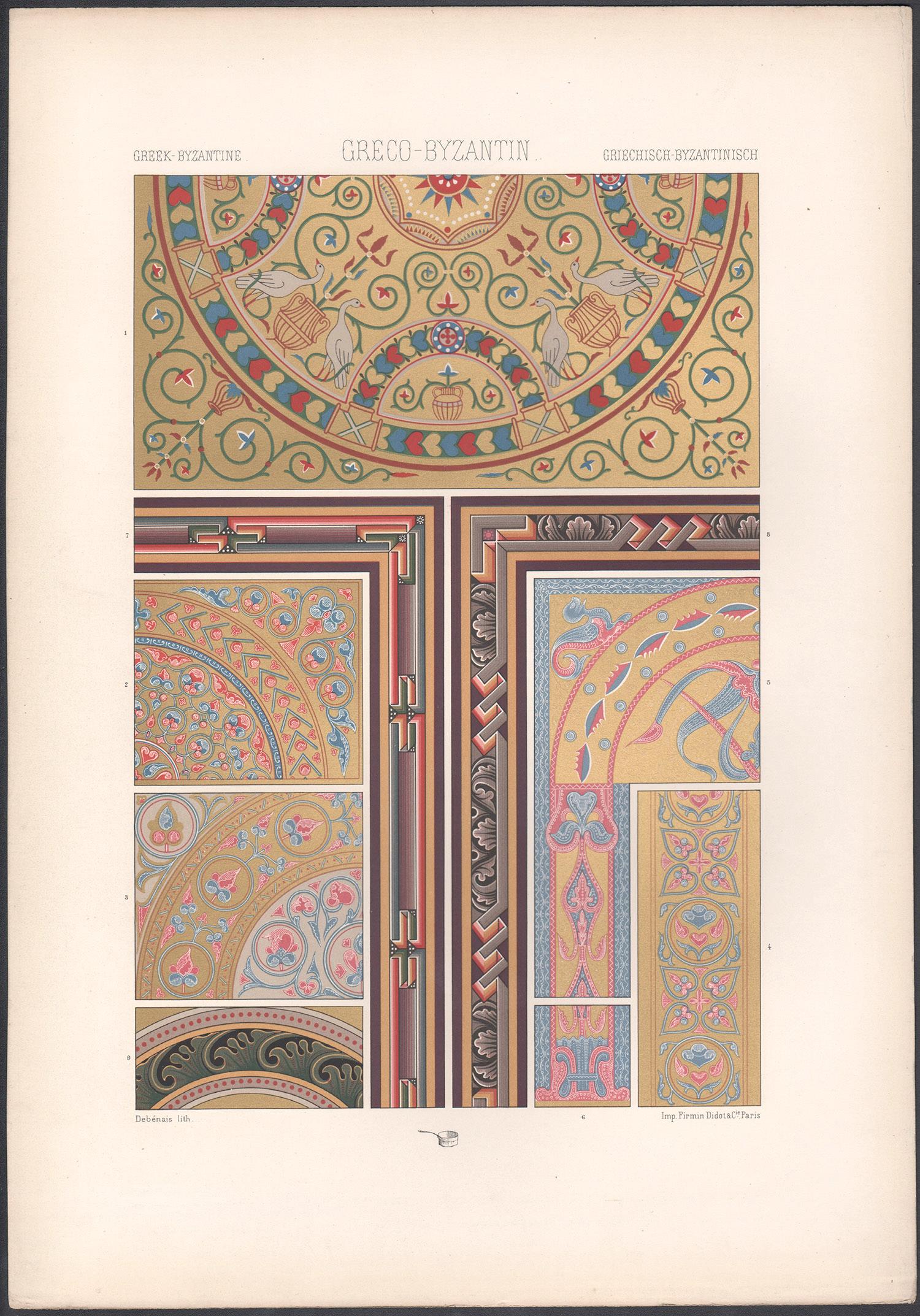 Greek-Byzantine, French antique 19th century Racinet art design lithograph print - Print by Albert-Charles-Auguste Racinet