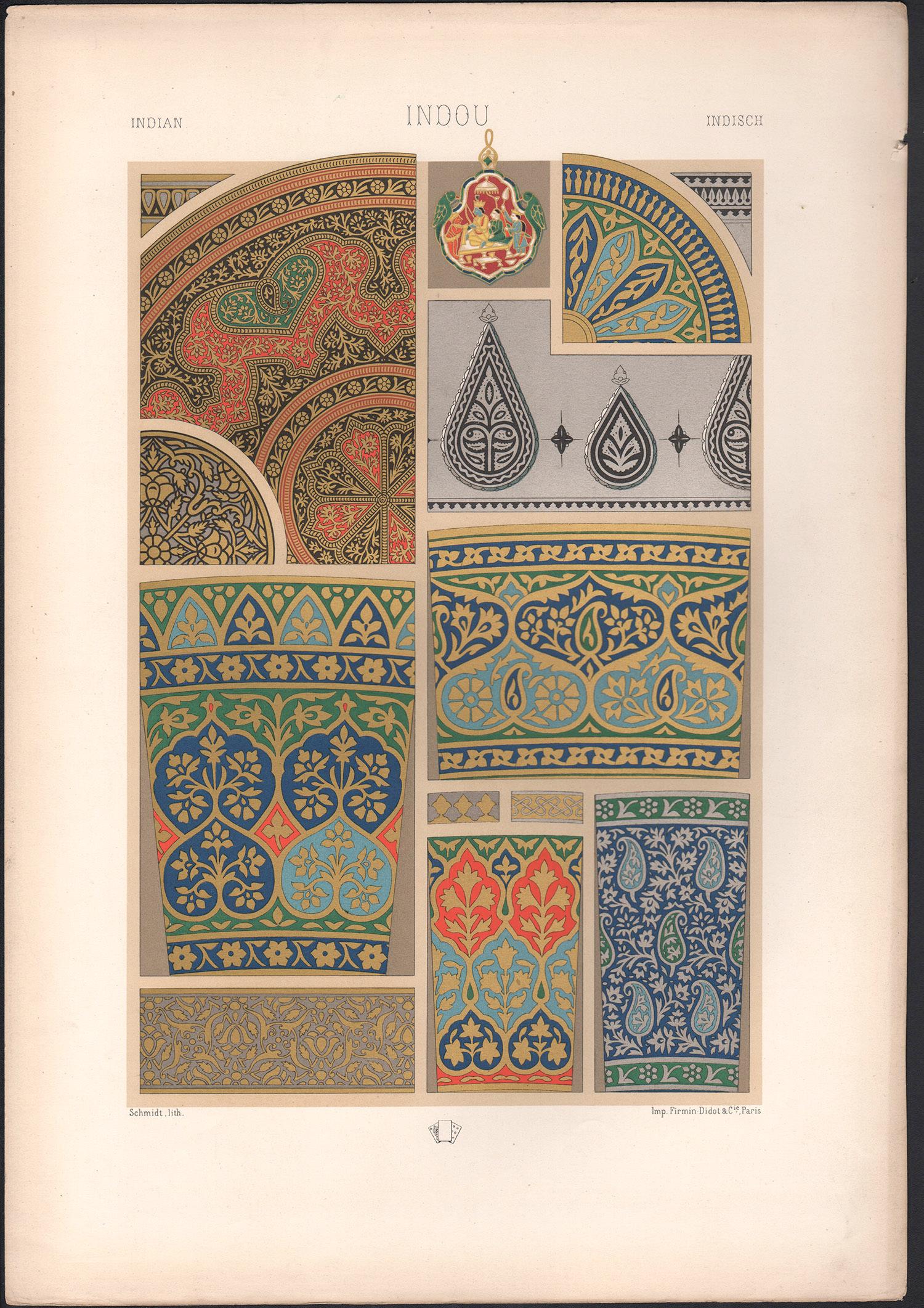 Indische, französische antike Racinet-Kunstdesign-Lithographie aus dem 19. Jahrhundert – Print von Albert-Charles-Auguste Racinet