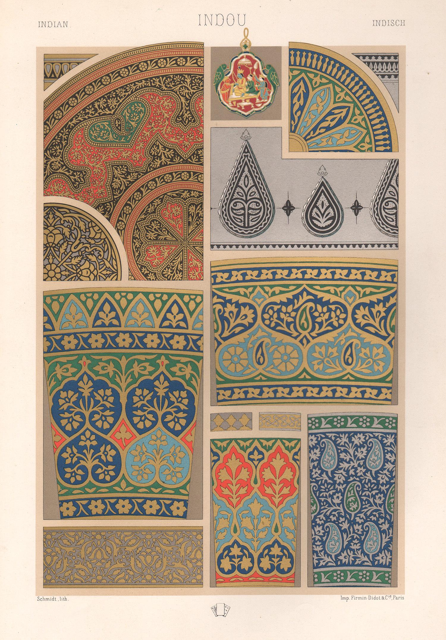Albert-Charles-Auguste Racinet Interior Print – Indische, französische antike Racinet-Kunstdesign-Lithographie aus dem 19. Jahrhundert
