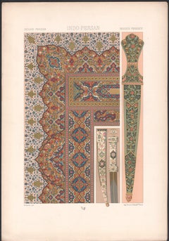 Indisch-persische, französische antike Racinet-Kunst-Design-Lithographie aus dem 19. Jahrhundert