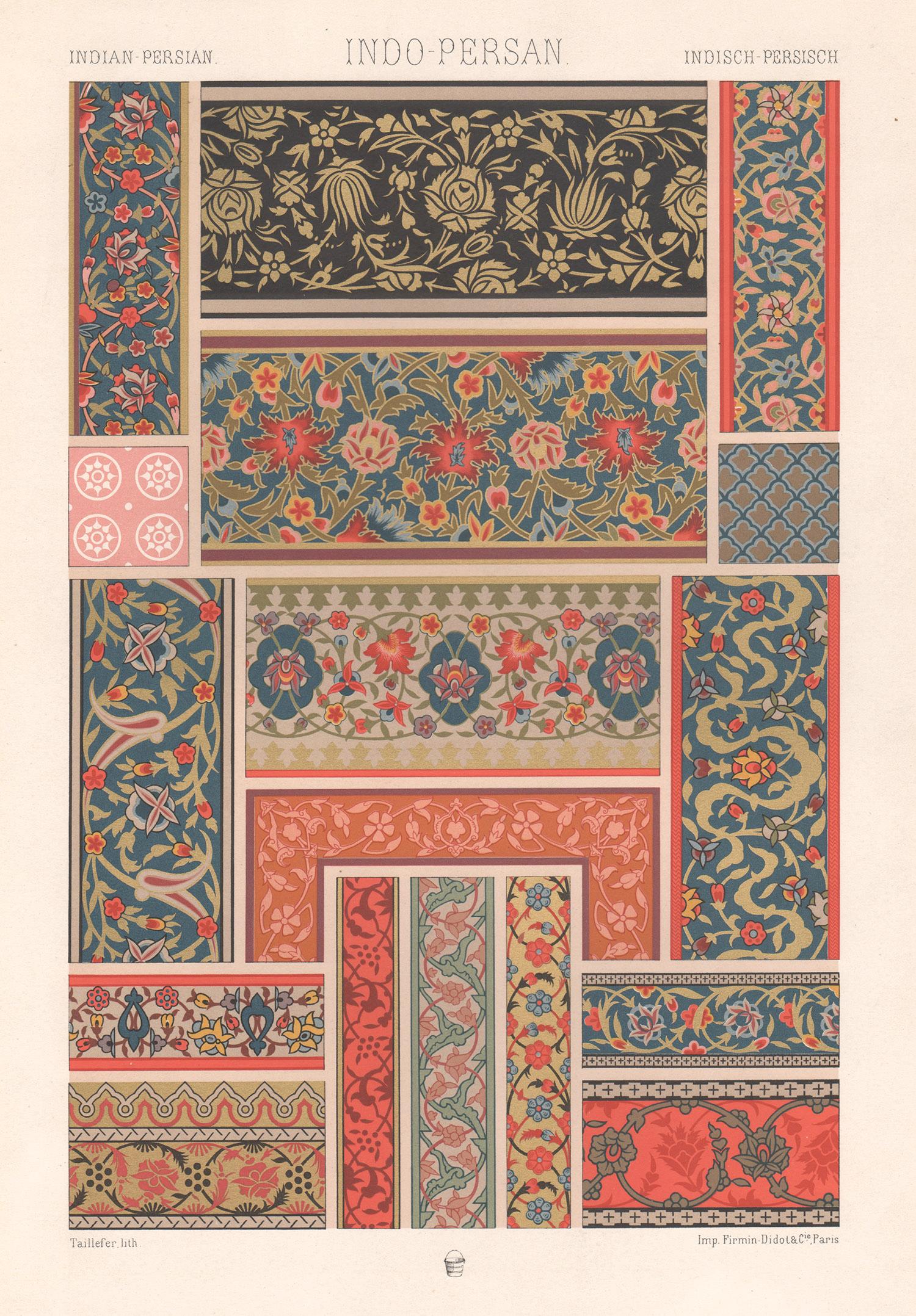 Albert-Charles-Auguste Racinet Interior Print - Indian-Persian, French antique 19th century Racinet art design lithograph print