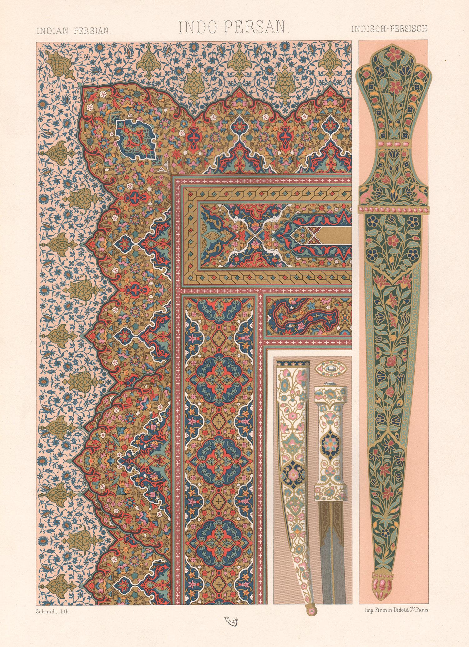Interior Print Albert-Charles-Auguste Racinet - Lithographie indienne-persanienne, française antique du 19ème siècle, dessin d'art racket