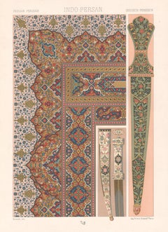 Lithographie indienne-persanienne, française antique du 19ème siècle, dessin d'art racket