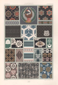 Japanischer, französischer, antiker, antiker Racinet-Kunstdesign-Lithographiendruck aus dem 19. Jahrhundert
