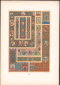 Antiker französischer antiker Racinet-Kunstdesign-Lithografiedruck aus dem Mittelalter